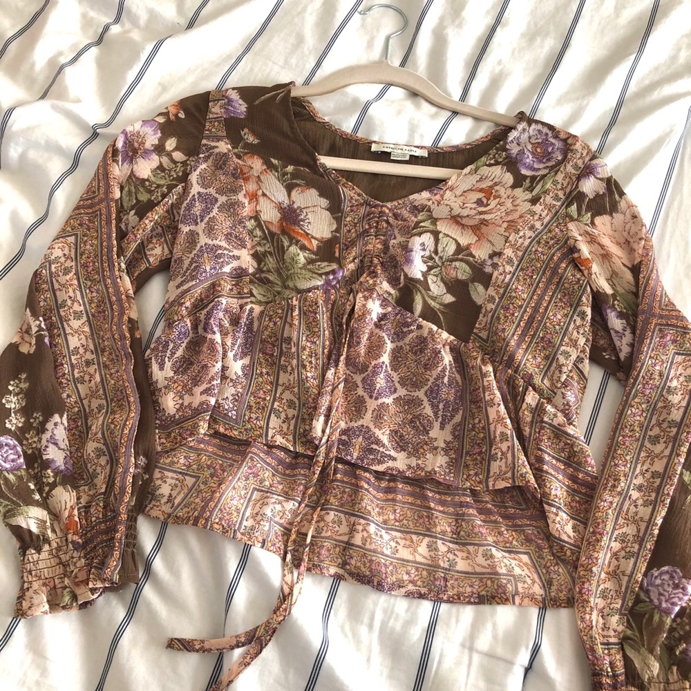 Boho flowy floral long sleeve bubble sleeve top